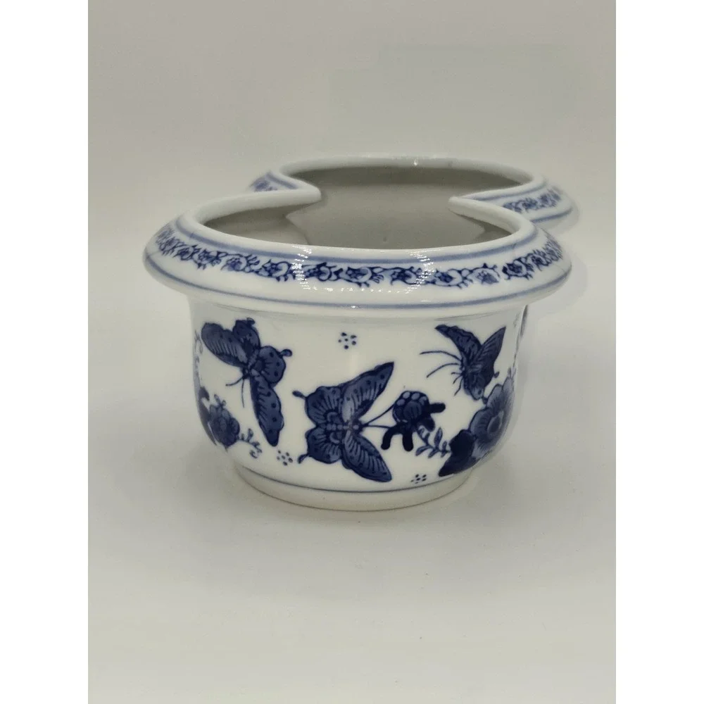 Vintage Blue White Porcelain Double Planter Butterfly Floral Cache Pot Japan